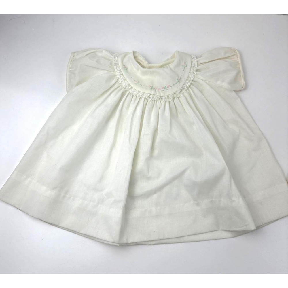 Vintage Nannette Baby Dress Hand Embroidered Pink‎ Flowers Lace Collar 12"